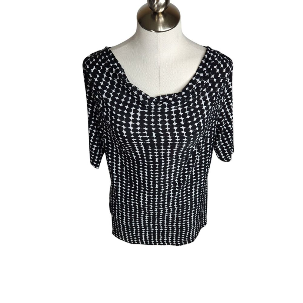 Snoskins Womens Size XL Cowl Neck Stretch Textured Shirt Black White Dot Print